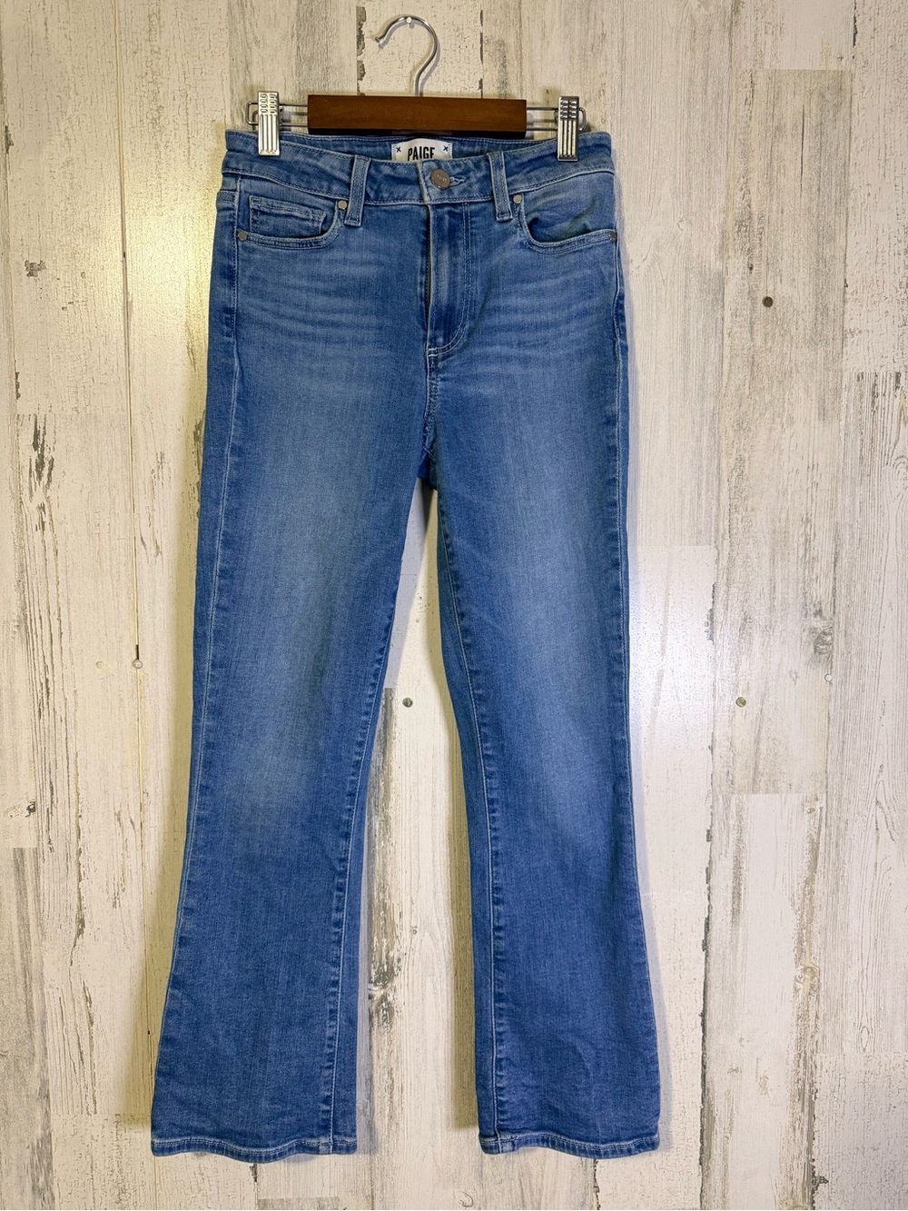 PAIGE Colette Crop Flare Jeans Size 25 Blue High Rise Stretch Raw Hem